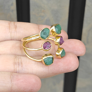 Natural Raw Emerald and Raw Ruby Adjustable <b>Ring</b> Solid Brass 18k Gold Plated Three Layered Band <b>Open</b> <b>Ring</b> Unisex Wear Jewelry - Product Image 4
