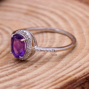 Wholesale 925 Solid Sterling Silver Natural Oval Amethyst <b>Cubic</b> <b>Zirconia</b> Halo <b>Ring</b> Fine Jewelry Memoria Jewels - Product Image 4
