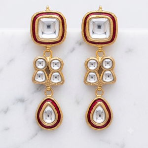 Pendientes de Lujo Chapados en Oro Thappa Kundan, Tradicionales con Esmalte Rojo Meenakari y Piedra Polki sin Cortar, Pendientes Colgantes para Novia India - Product Image 1