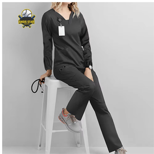 Women Hospital Scrub <b>Set</b> Green Polyester Knitted Long Sleeve V-Neck Uniform Pants with Pockets for Medical Use Customized Color - Product Image 3