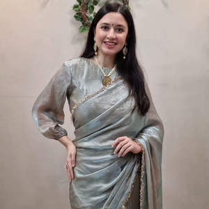 Sari de seda plateado estilo Fendi, listo para usar en un minuto | Blusa Elegante y Fluida, Lista para Usar | Ropa Festiva y para Bodas de Talla Única - Product Image 4