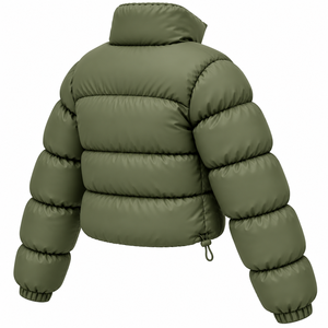 Women's Olive Green Quilted Puffer <b>Jacket</b> Stand Collar Full <b>Sleeve</b> <b>Short</b> Winter Coat Polyester Wadding Zipper Closure - Product Image 6