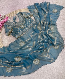 Sari de seda satinada suave de diseñador Fendi con bordado a mano y blusa con borde de arco y costuras 85598 Maruti Fab Jalpa - Product Image 2