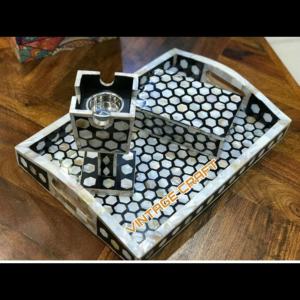 Bandeja de incrustaciones de hueso indio artesanal Vintage, conjunto de grupo árabe con incrustaciones de perlas Madre, Eid Ramadan Bakhoor Mokhjan Oud Box, Animal elegante - Product Image 4