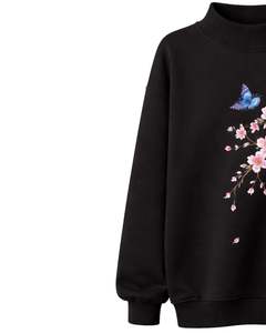 Sudadera de Forro Polar Negra Extra Grande Personalizada para Mujer, Cuello Alto, Estampado Floral de Mariposas, Sudadera Informal Cálida para Invierno, Ropa de Calle - Product Image 3