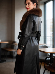 Black <b>Long</b> Leather Trench <b>Coat</b> With Fur Collar Belted Closure Winter Formal Wear Unisex - Product Image 4