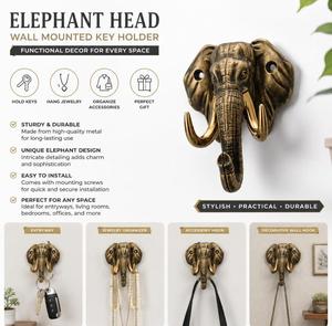 Elephant <b>Head</b> Wall Hook Decor Brass Black Gold Antique Finish Home Decoration Hanging Hook Traditional <b>Style</b> Metal Craft - Product Image 5