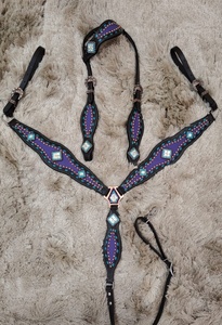 Púrpura incrustaciones turquesa Buckstitch cuero caballo tachuelas conjunto cristal Conchos Headstall pecho placa cuero genuino ligero tachuela - Product Image 1