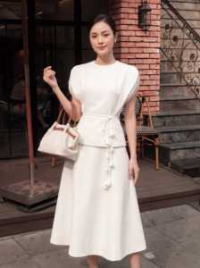 Jupe mi-longue sirène élégante blanche taille haute pour femme, couleur unie, style décontracté et professionnel, toutes saisons, fermeture éclair RYAN - Product Image 5