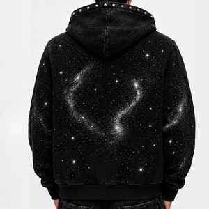 Sweat à capuche noir personnalisé à clous et strass, en molleton 100% coton, avec broderie logo couronne, coupe ample, style streetwear hiver unisexe - Product Image 5