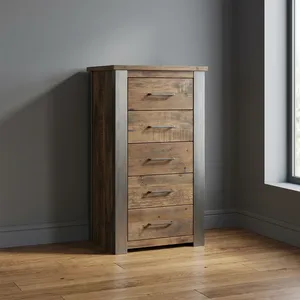 Armoire industrielle en bois à 5 tiroirs, commode rustique en bois massif avec structure en métal, unité de rangement - Product Image 3