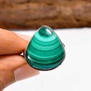 Anillo ajustable de malaquita en forma de pera, hecho a mano, plata de ley 925, estilo vintage, joyería bohemia, regalo para mujer - Product Image 1