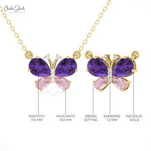 Hot Products 7×5mm Pear Cut Amethyst & Pink Morganite <b>Necklace</b> in 14k Solid Gold with Diamond Butterfly Nature Inspired Jewelry - Product Image 6