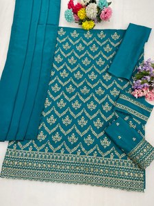 Ensemble Salwar en polyester brodé bleu sarcelle avec dupatta, tenue traditionnelle indienne et pakistanaise, longueur cheville, coupe classique pour femme - Product Image 3