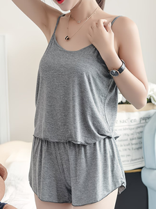 Summer Solid Color Camisole Sleepwear Women's Shorts Fresh Casual Outerwear Two-Piece Loungewear Short Sleeve Top & Elastic - Product Image 5