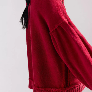 Cárdigan de punto rojo para mujer al por mayor, manga globo completa, color liso, top informal de otoño, cuello redondo, cierre de botones - Product Image 3