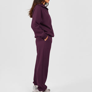Women's <b>Purple</b> Tracksuit Set Full Length Loose Fit Half-Zip Hoodie With Side Pockets Breathable Casual Style - Product Image 2