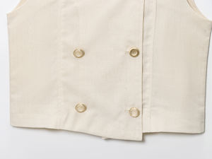 Gilet décontracté beige à col rond et double boutonnage pour femme, coupe-vent, respirant, sans manches, avec poches à rabat - Product Image 4