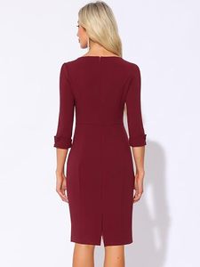 Vestido Tubo Borgoña de Alta Calidad para Mujer, Manga 3/4, Cuello con Muescas, Elegante, Largo hasta la Rodilla, para Oficina - Product Image 4