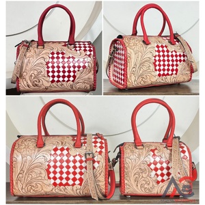 2026 Handcrafted Red White <b>Tooled</b> Checkered Floral <b>Leather</b> Duffel Bags Western Pattern Zipper Closure Durable Women's Travel Bag - Product Image 1