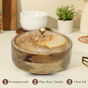 กล่องไม้แกะสลักลายสวยงามสำหรับใส่โรตี พร้อมฝาปิด กล่องไม้แบบดั้งเดิมสำหรับเก็บโรตี ใช้ในครัวหรือโต๊ะอาหาร ทำจากไม้มะม่วง - Product Image 2