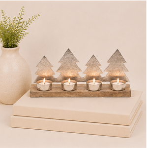 Handmade Christmas Metal Pine <b>Tree</b> Tea Light Candle Holder With Rustic Wooden Base 4-Cup Silver Aluminum <b>Tabletop</b> Centerpiece - Product Image 4