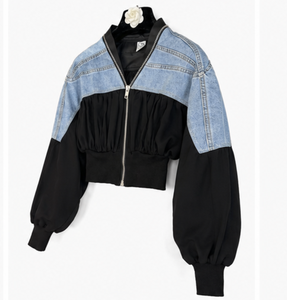Women's <b>Cropped</b> <b>Denim</b> Patchwork Bomber <b>Jacket</b> Casual Zip Up Color Block Ruched Balloon Sleeve Streetwear Ruched <b>Jacket</b> - Product Image 3