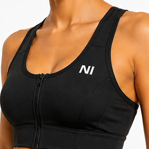 OEM Women Seamless Sports Bra Scoop Neck Racerback Zipper Front Medium Support Breathable Fitness Workout Wear Solid Black - Product Image 5