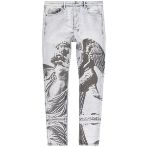 Pantalones vaqueros de hombre de mezclilla 100% algodón, lavado azul, de corte recto ajustado, cintura media, transpirables, con parche bordado, estilo urbano. - Product Image 1