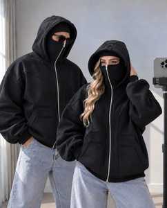 Sudadera con capucha unisex 2026 con cremallera completa, chaqueta de forro polar extragrande con máscara en la capucha, bolsillo canguro, venta al por mayor personalizada, ropa urbana OEM/ODM - Product Image 5