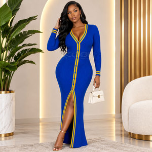 Cosh International Sorority Sisterhood Ribbed Knit Long <b>Maxi</b> Dress V Neck Button Front Bodycon Dress Available Colors <b>Cardigan</b> - Product Image 4