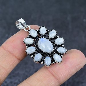 Flower Shape Rainbow <b>Moonstone</b> Pendant Antique Silver Plated Bohemian Style Channel Set Vintage Charm Unisex <b>Jewelry</b> Gift for - Product Image 3