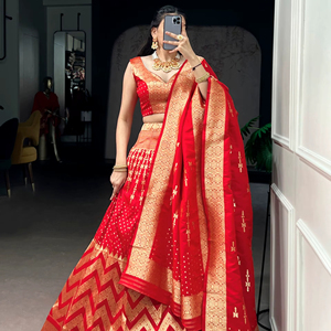 ชุดเลเฮนกาโชลีดีไซน์หรูหรา ทำจากผ้าไหมโบรเคดและผ้าไหมบานาราซี เหมาะสำหรับงานแต่งงาน งานเฉลิมฉลอง และงานเฉลิมฉลองแบบดั้งเดิม - Product Image 1