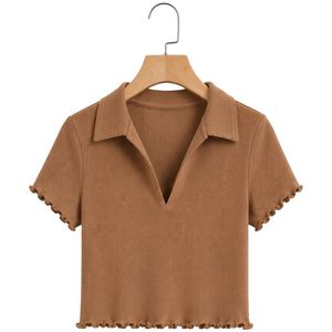 เสื้อโปโลครอปแขนสั้นทรงเข้ารูป คอวี ผ้าริบถัก สีน้ำตาล สำหรับผู้หญิง ผ้ายืด คอตตอนผสมสแปนเด็กซ์ สไตล์ลำลอง แฟชั่นฤดูร้อน - Product Image 1