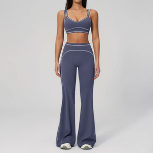 Ensemble de yoga 4 pièces pour femme : Leggings mi-taille longs, soutien-gorge de sport dos nageur à col rond, extensible, motif écossais uni, pour fitness et entraînement - Product Image 3