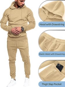 Men's Winter Casual Sports Suit Terry Fabric 100% Cotton Quick Dry 300g Multi Pocket Solid Tie-Dyed Fashionable Hooded Two-Piece - Product Image 4