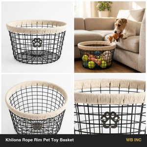 Panier en fil de fer galvanisé noir mat de 36 cm fait main avec bordure en corde souple Khilona, jouet pour animaux de compagnie et décoration intérieure pour mariages et hôtels - Product Image 5