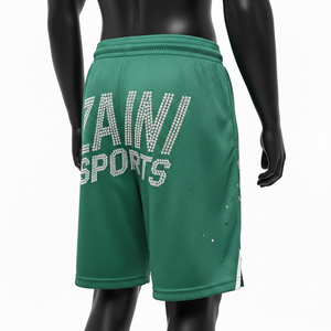 กางเกงกีฬาผู้ชายผ้าโพลีเมชคุณภาพสูง สีเขียวป่า แต่งแถบข้างตัดสี พิมพ์ลายสกรีน ประดับคริสตัล โลโก้สั่งทำพิเศษ กางเกงตาข่ายผู้ชาย - Product Image 5