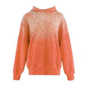 Sweat à capuche de qualité supérieure, personnalisé OEM, avec lettres brodées en coton et patch en cuir, effet vieilli, délavé soleil et strass brillants - Product Image 4