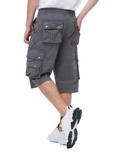 Shorts cargo 100 % coton pour homme, décontractés, d'été, pour la randonnée, taille élastique, décoration numérique vintage, couleur unie, longueur genou, tricotés - Product Image 2