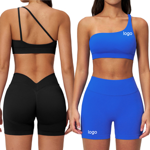 Ensemble de yoga 2 pièces en Spandex : Soutien-gorge de sport à dos évidé et débardeur court asymétrique à une épaule, et short taille haute effet push-up - Product Image 1