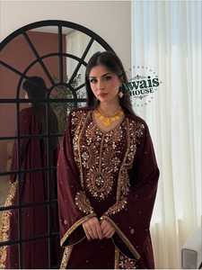 Awais House Women's Maroon Embroidered Chiffon Polyester Lightweight <b>Plus</b> <b>Size</b> Modest Floor-Length Abaya Sweetheart Neckline - Product Image 5