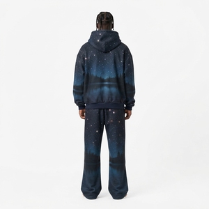 Men Navy <b>Galaxy</b> Print Zip <b>Hoodie</b> Wide Leg Pants Space Print Tracksuit Set Custom Streetwear - Product Image 2