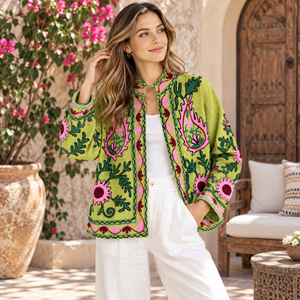 Women's Winter Knitted Bomber <b>Jacket</b> Suzani Hand Embroidery Woven <b>Mandarin</b> <b>Collar</b> Floral 100% Cotton Quick Dry XL - Product Image 1