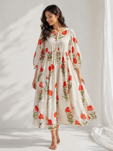Vestido Largo de Fiesta Boho para Mujer, Estampado a Mano, de Algodón, con Mangas Abullonadas, Cuello con Lazo, Ecológico, Transpirable, Talla XS, Color Rojo Floral - Product Image 6
