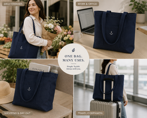 Sac fourre-tout en toile marine avec broderie d'ancre blanche, style minimaliste, sac de shopping toutes saisons - Product Image 4