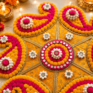 Décoration de Rangoli Diwali rose et jaune faite à la main avec pompons, motif Paisley et travail miroir pour la décoration festive de la maison - Product Image 4