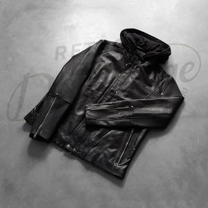 Chaqueta de Cuero Negra para Hombre, Estilo Motero, con Capucha Desmontable, Corte Ajustado, Cuero Genuino, Informal, para Motocicleta, Ropa de Calle - Product Image 6