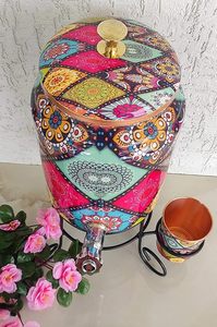 Distributeur d'eau en cuivre à motif mandala coloré avec couvercle et ensemble de tasses assorties - Product Image 5