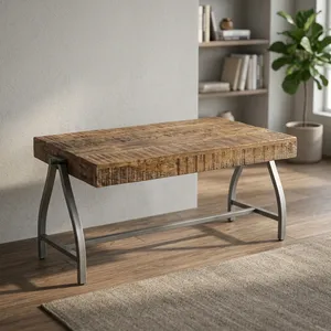 Table basse rectangulaire en bois industrielle avec pieds en métal en forme d'arche pour salon - Product Image 2